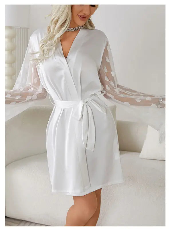 White satin ice silk robe with sheer polka-dot sleeves from Elegant Long Sleeve Morning Gown Ice Silk collection
