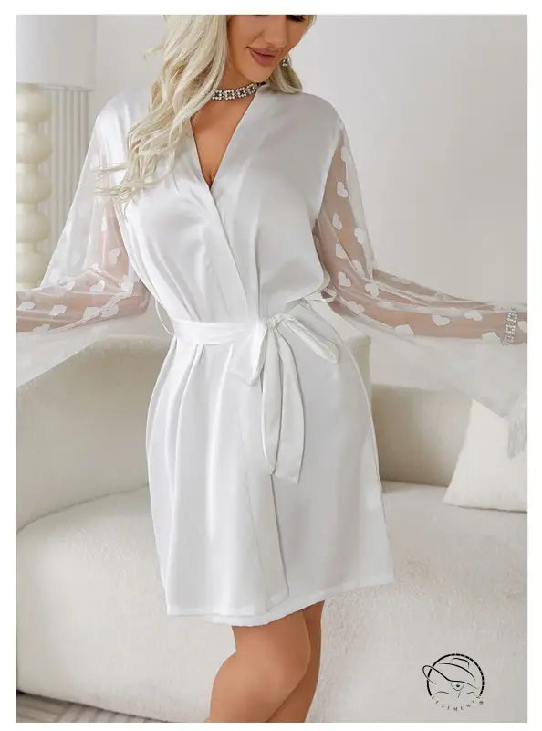 Elegant ice silk robe with sheer polka-dot sleeves and lace details
