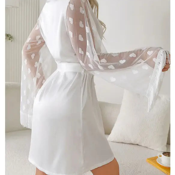 White satin robe with sheer heart-patterned bell sleeves from Elegant Long Sleeve Ice Silk Morning Gown with Fringe and Lace Details