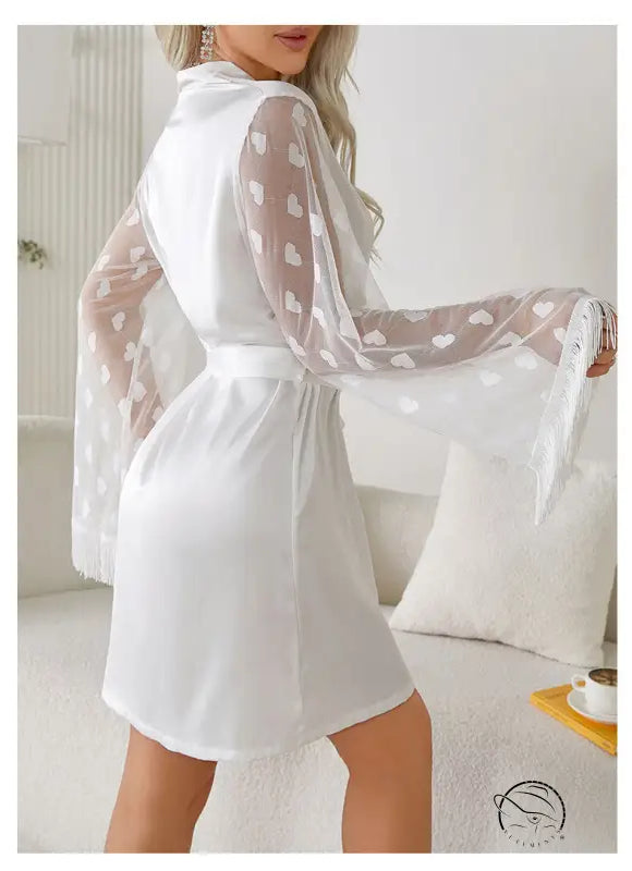 Elegant ice silk robe with sheer heart bell sleeves and lace fringe