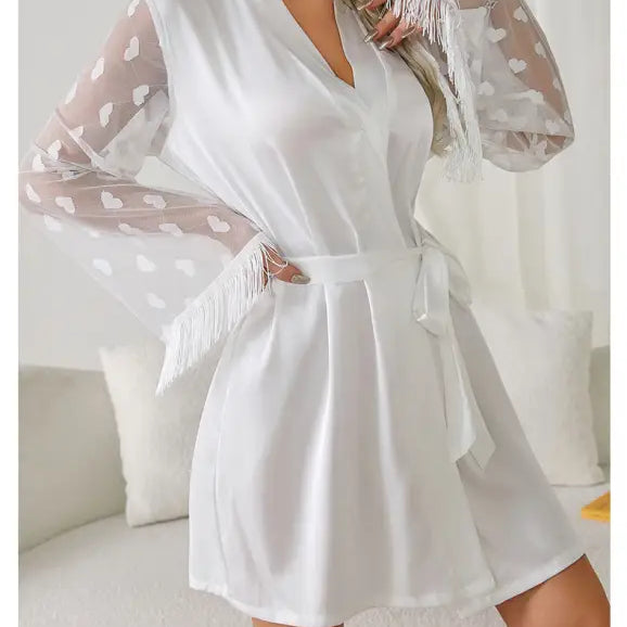 White satin ice silk robe with sheer heart-patterned fringed sleeves, elegant morning gown ice silk