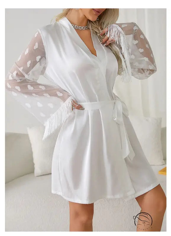 White satin ice silk robe with sheer heart-patterned fringed sleeves, elegant morning gown ice silk