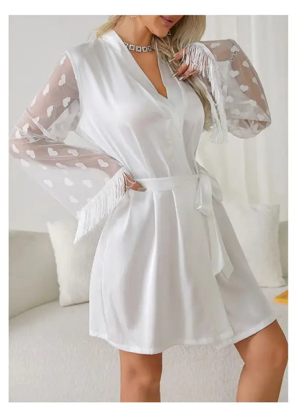 White satin ice silk robe with sheer heart-patterned fringed sleeves, elegant morning gown ice silk