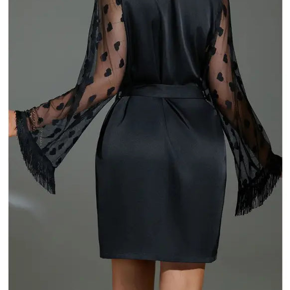 Black satin ice silk robe with sheer heart-patterned long sleeves and fringed cuffs
