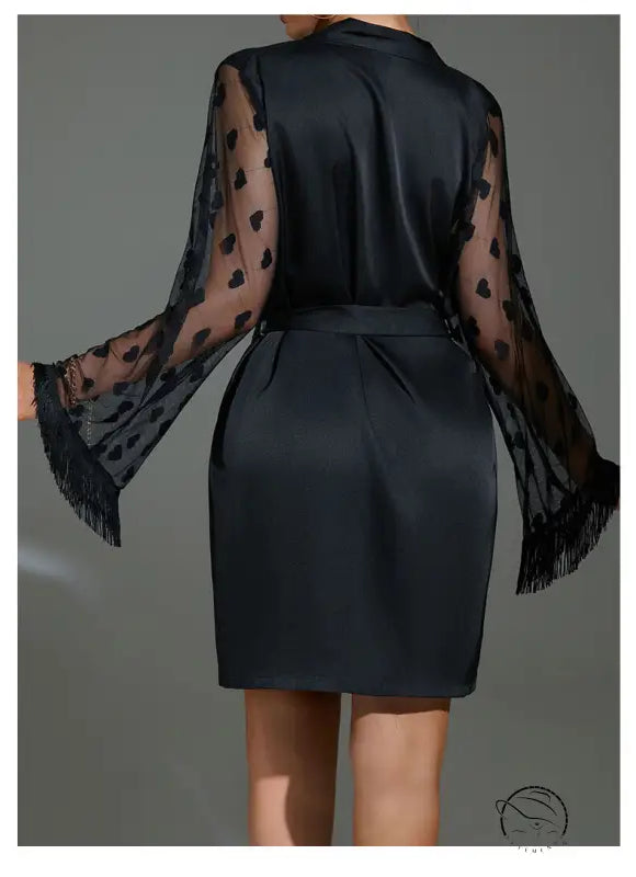Black satin ice silk robe with sheer heart-patterned long sleeves and fringed cuffs