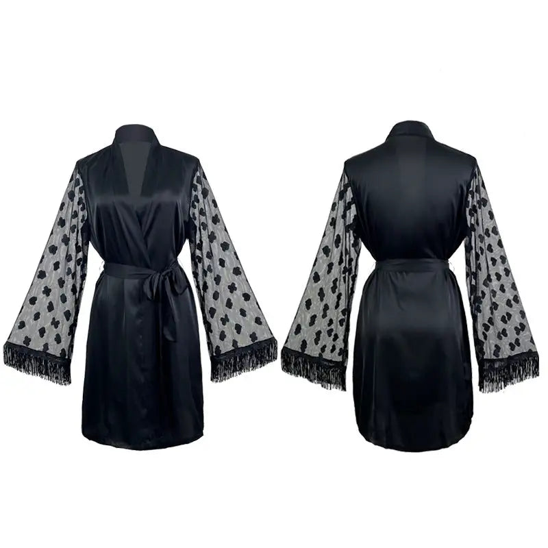 Black satin ice silk robe with sheer polka-dotted sleeves and fringe cuffs