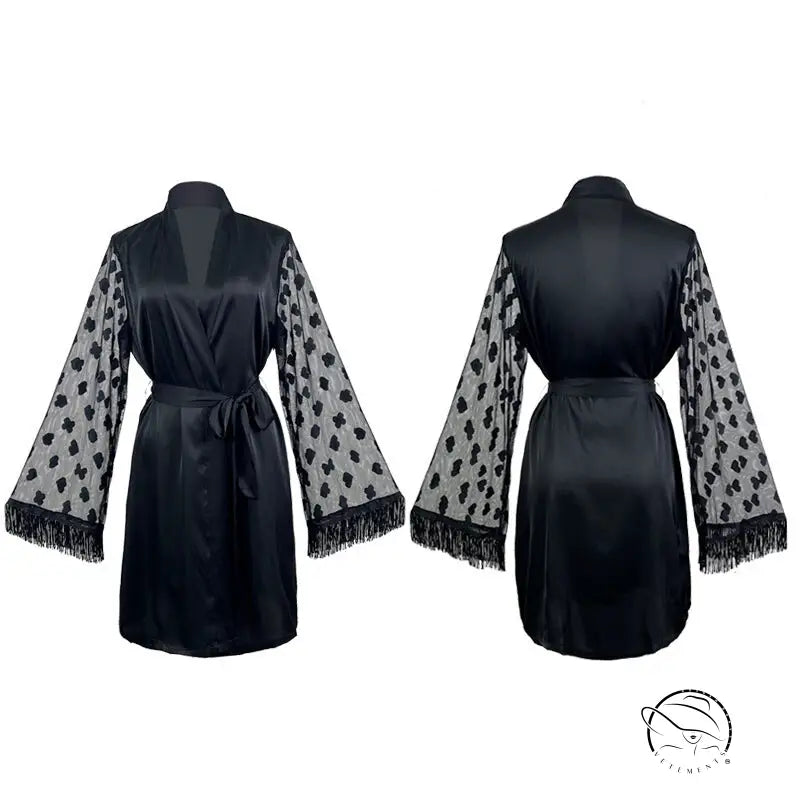 Elegant ice silk robe morning gown with sheer polka-dotted sleeves