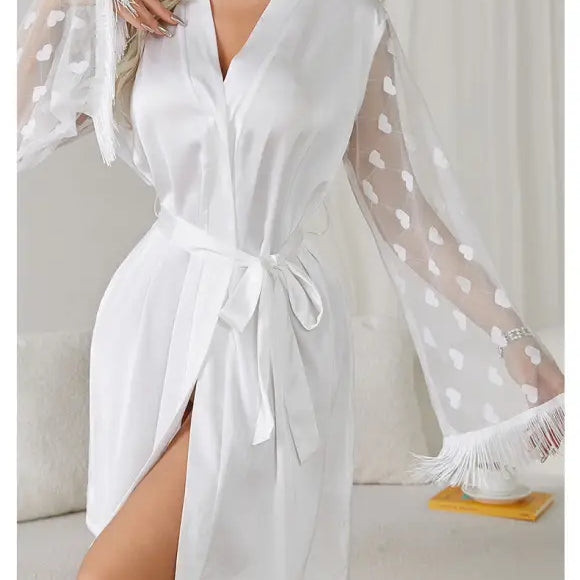 White satin wrap ice silk robe with sheer heart-patterned fringed sleeves for elegant morning wear