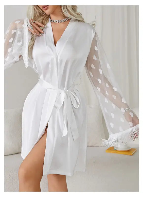 White satin wrap ice silk robe with sheer heart-patterned fringed sleeves for elegant morning wear