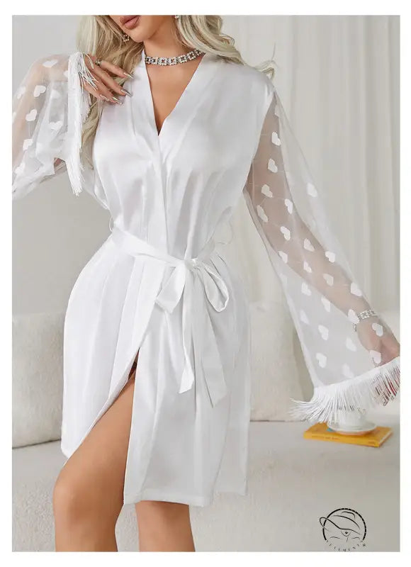 Elegant ice silk robe with sheer heart-patterned fringed sleeves