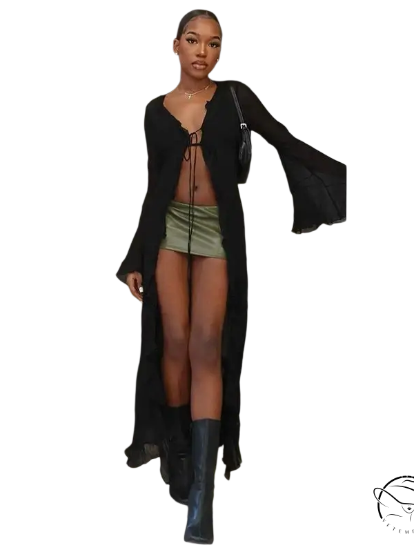 Elegant black sheer long sleeve mesh beach dress with lace-up front and flowing sleeves