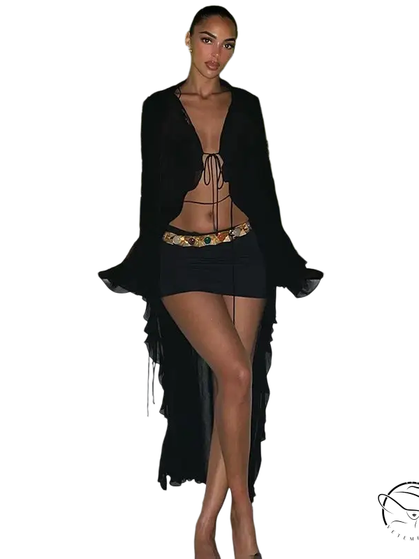 Elegant long sleeve mesh beach dress with sheer overlay, high slit, ruffled hem