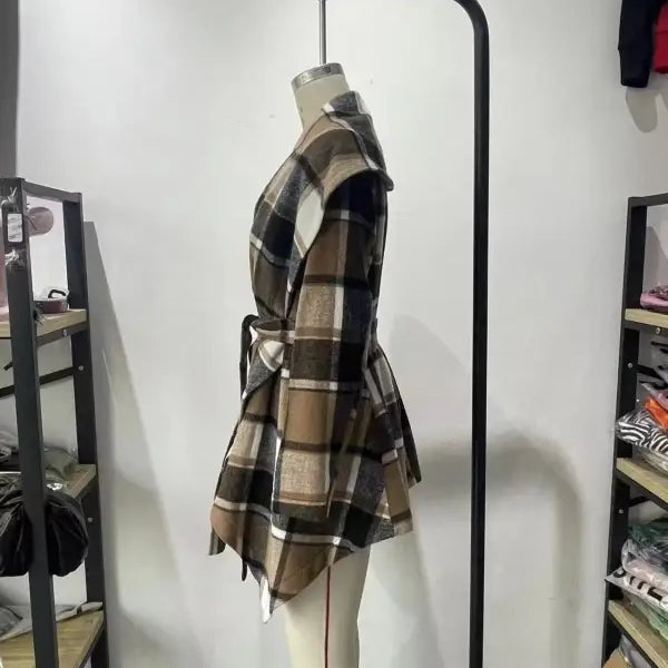 Elegant long sleeve plaid belted jacket on mannequin from Long Sleeve Printed Coat collection