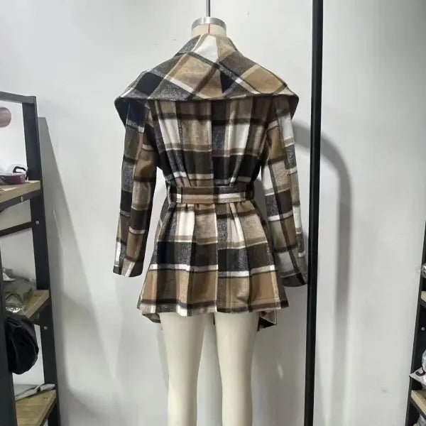 Elegant long sleeve plaid belted coat from the long sleeve printed belted top collection
