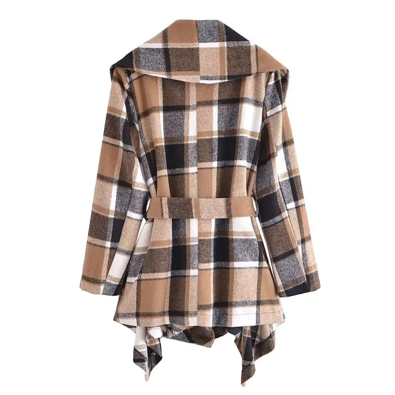 Elegant long sleeve plaid belted coat for fall and winter wear