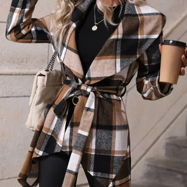 Elegant long sleeve plaid belted wrap coat from long sleeve printed fall and winter wear display