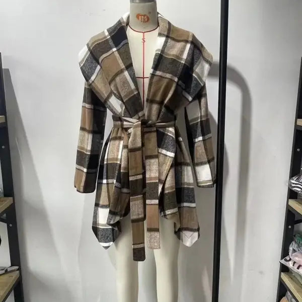 Elegant long sleeve plaid belted wrap coat from the long sleeve printed top collection