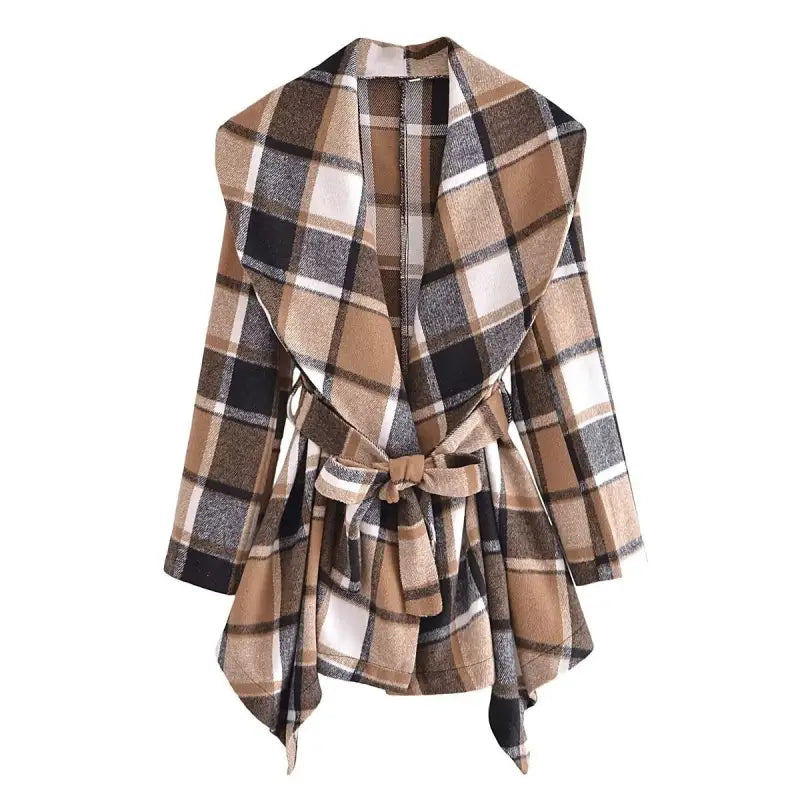 Elegant long sleeve plaid belted wool coat for fall and winter wear