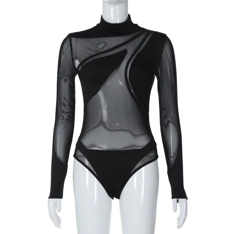 Elegant long sleeve mesh stitching jumpsuit with asymmetrical sheer panels for spring and fall