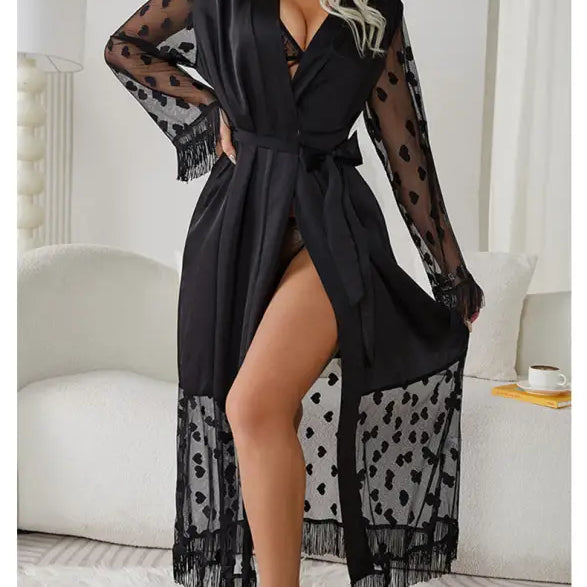 Elegant Long Sleeve Silk Cardigan Robe with Fringe and Lace Details