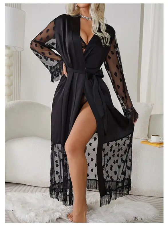 Elegant Long Sleeve Silk Cardigan Robe with Fringe and Lace Details