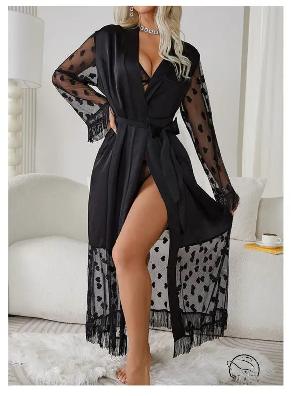 Elegant Long Sleeve Silk Cardigan Robe with Fringe and Lace Details