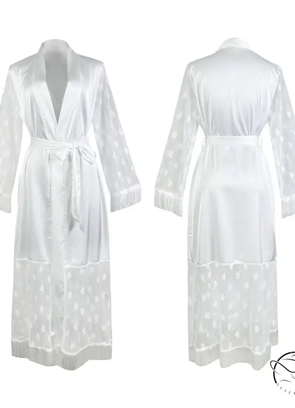 Elegant white long-sleeve ice silk cardigan robe with polka dots