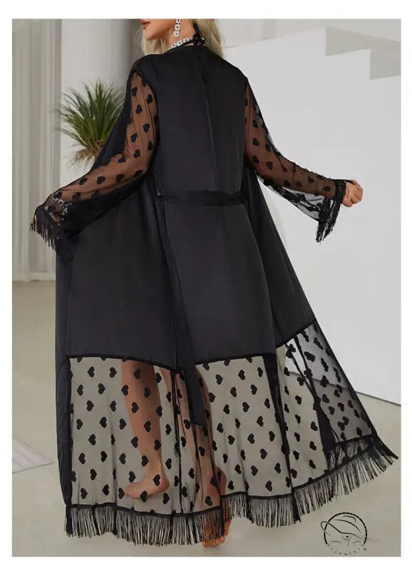 Elegant long black ice silk cardigan robe with polka dots and fringe