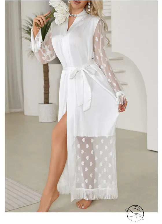 Elegant ice silk cardigan robe with lace, fringe, sheer sleeves, high slit