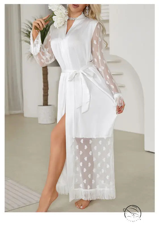 Elegant ice silk cardigan robe with lace, fringe, sheer sleeves, high slit