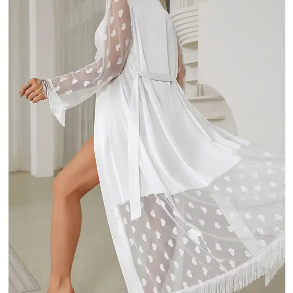 Elegant Long Sleeve Silk Cardigan Robe with Fringe and Lace Details
