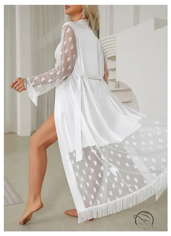 Elegant Long Sleeve Silk Cardigan Robe with Fringe and Lace Details