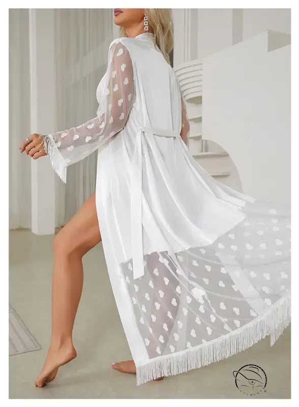 Elegant Long Sleeve Silk Cardigan Robe with Fringe and Lace Details