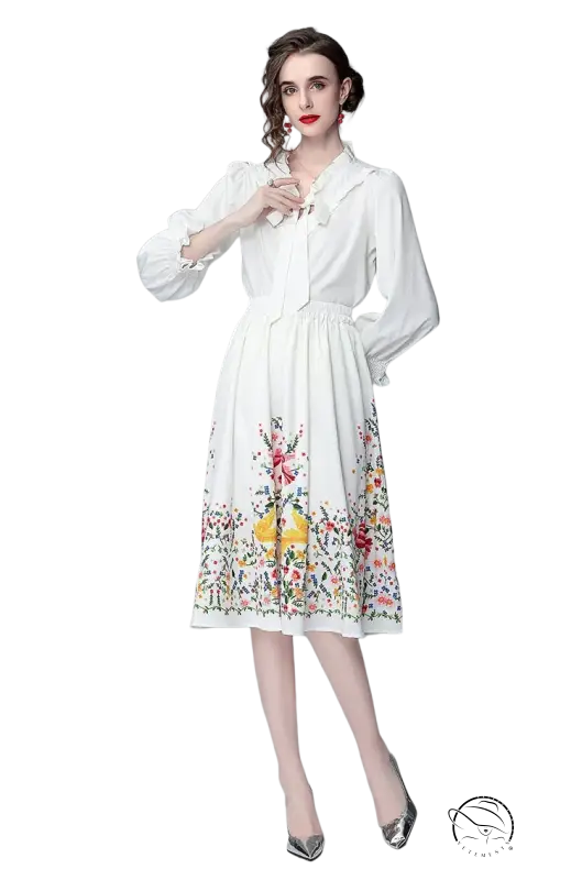 Elegant long sleeve two piece set with floral-print countryside dress