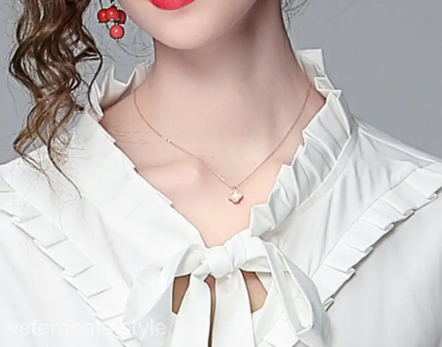 White ruffled blouse with tie in Elegant Long Sleeve Two Piece Set inspired by French countryside dress