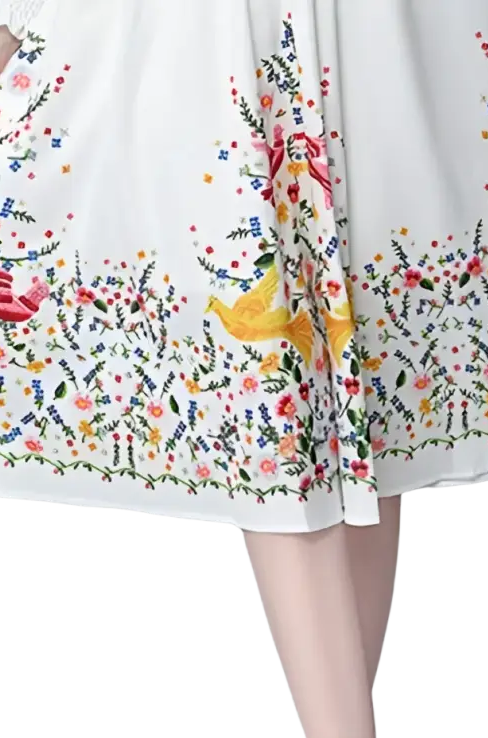 Elegant long sleeve two piece set with floral bird pattern in French countryside style