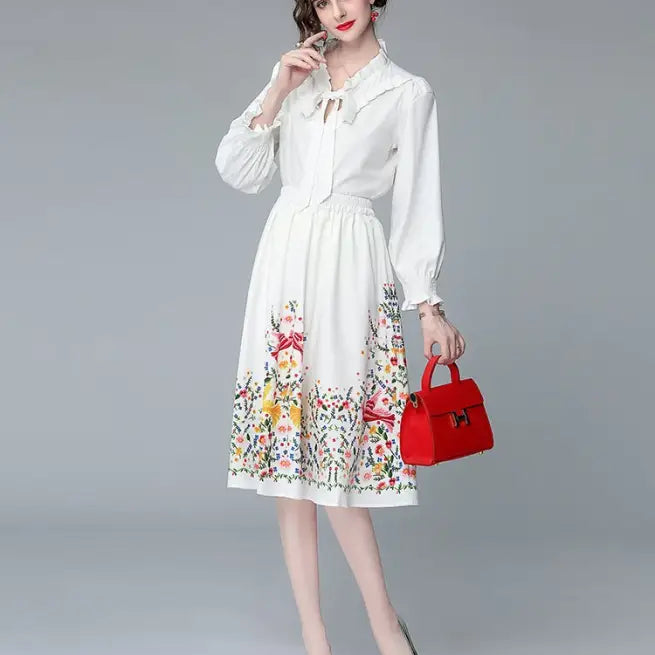 Elegant white floral dress in a Long Sleeve Two Piece Set inspired by French Countryside style