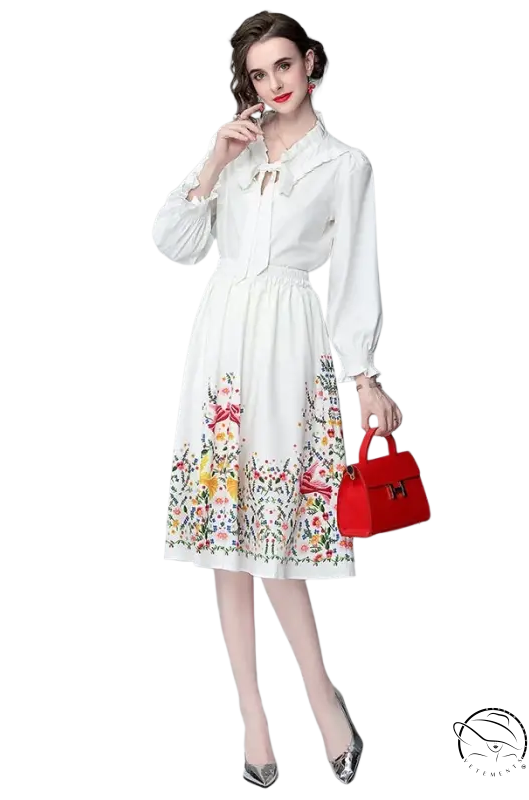 Elegant long sleeve two piece set with white floral countryside dress