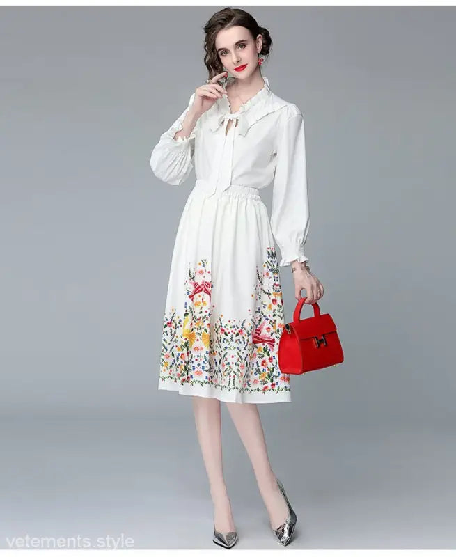 Elegant white floral dress in a Long Sleeve Two Piece Set inspired by French Countryside style