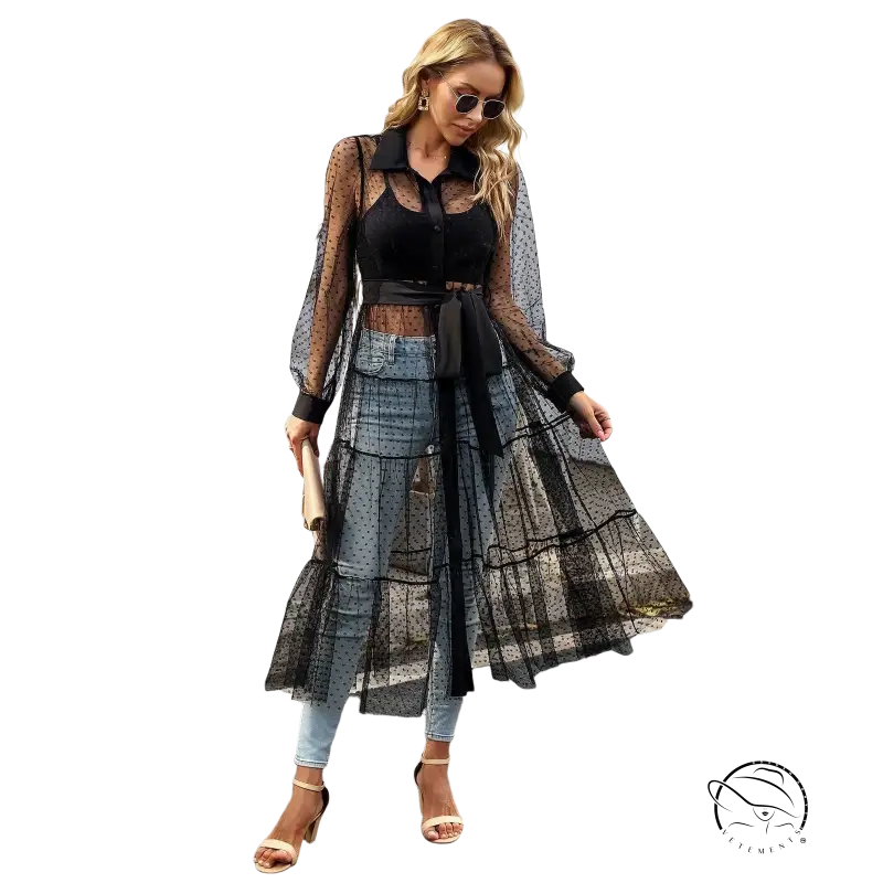 Elegant sheer black polka dot duster in summer mesh long sleeve waist dress