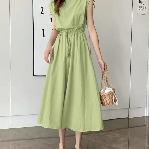 Light green sleeveless midi dress with a cinched waist and flowy skirt.