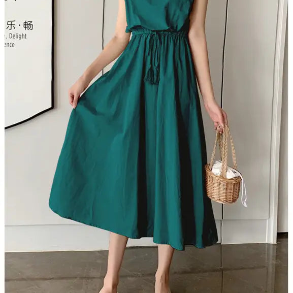 Emerald green sleeveless midi dress with a drawstring waist and flared skirt.