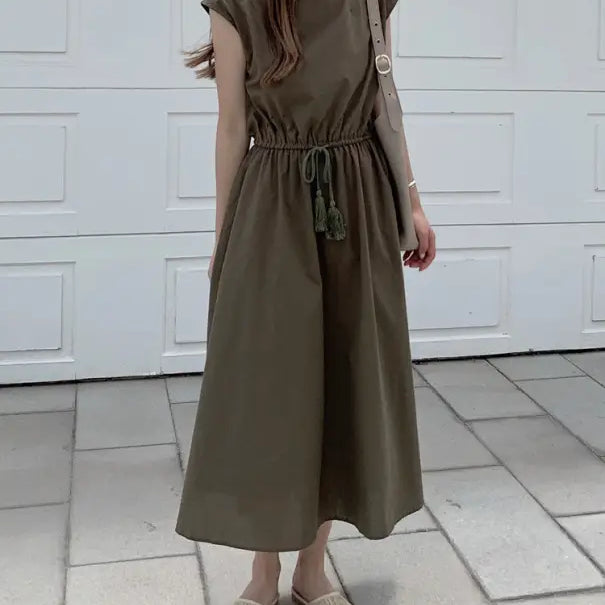 Olive green midi dress with cap sleeves and a drawstring waist.