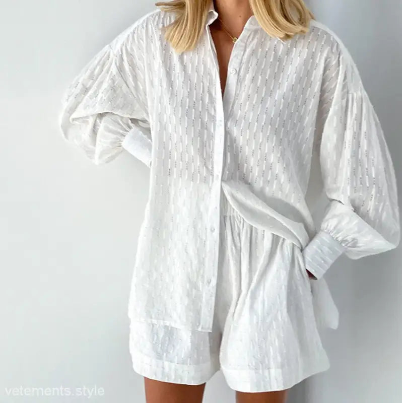 Elegant Loose Cotton Top for Office Suit with matching shorts in a white textured design