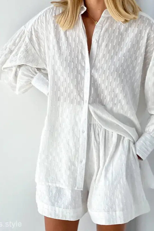 Elegant Loose Cotton Top for Office Suit with matching shorts in a white textured design