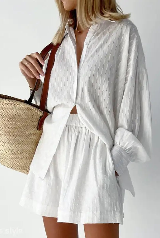 Elegant Loose Cotton Top paired with White Linen Shorts set for a stylish office suit