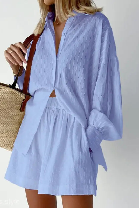 Light blue elegant design shorts office suit set for spring and fall with cotton top