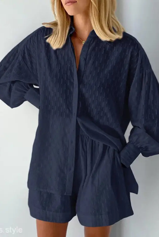 Navy blue two-piece shorts office suit featuring an elegant design for spring and fall