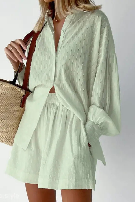 Light green elegant design shirt and shorts office suit for spring and fall