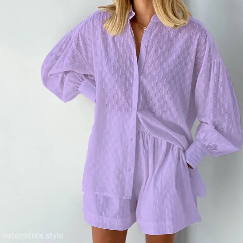 Lavender two-piece shirt and shorts office suit featuring elegant design for spring and fall